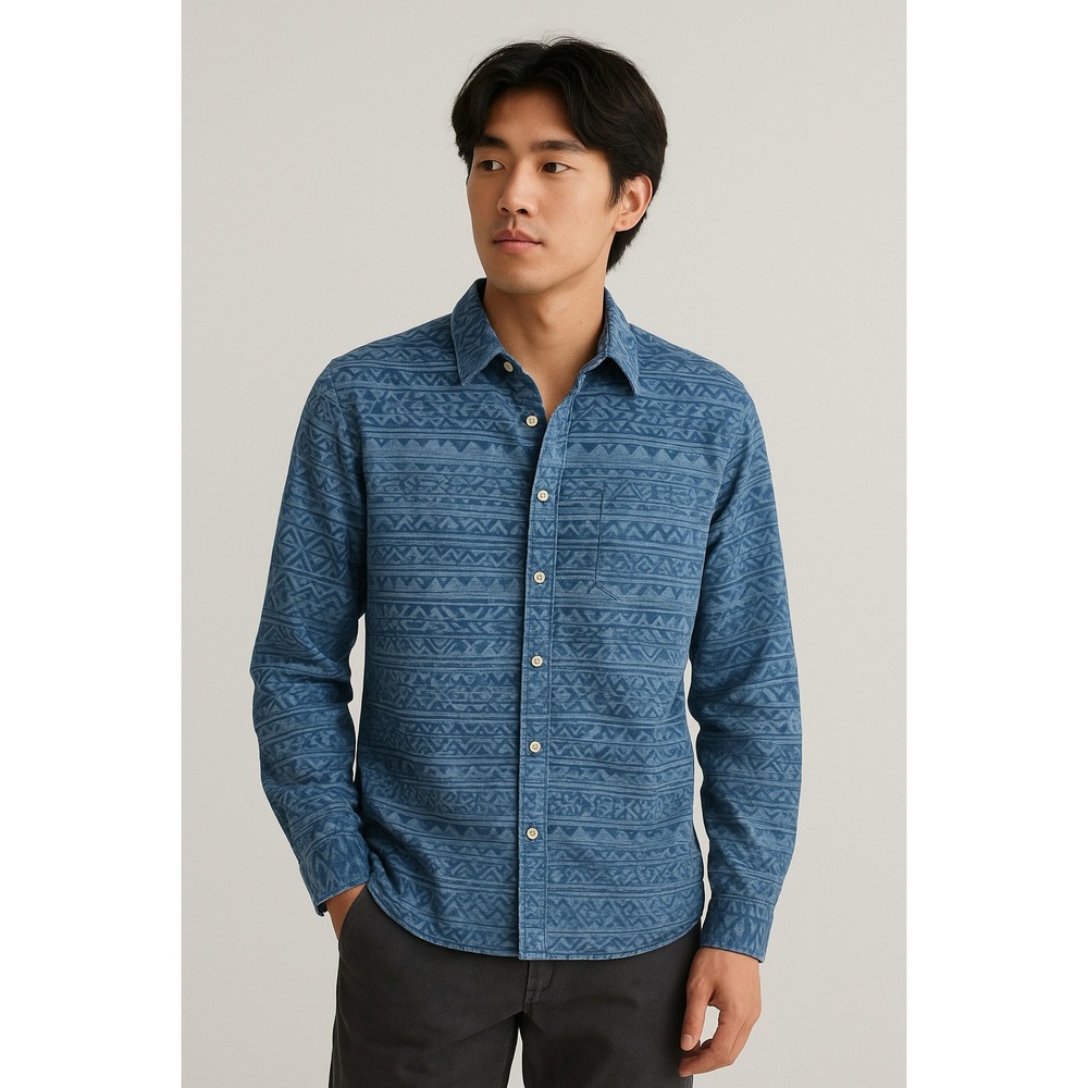 Eddie Bauer Classic Fit Long Sleeve Button Up Shirt Blue Aztec Print Mens L‎